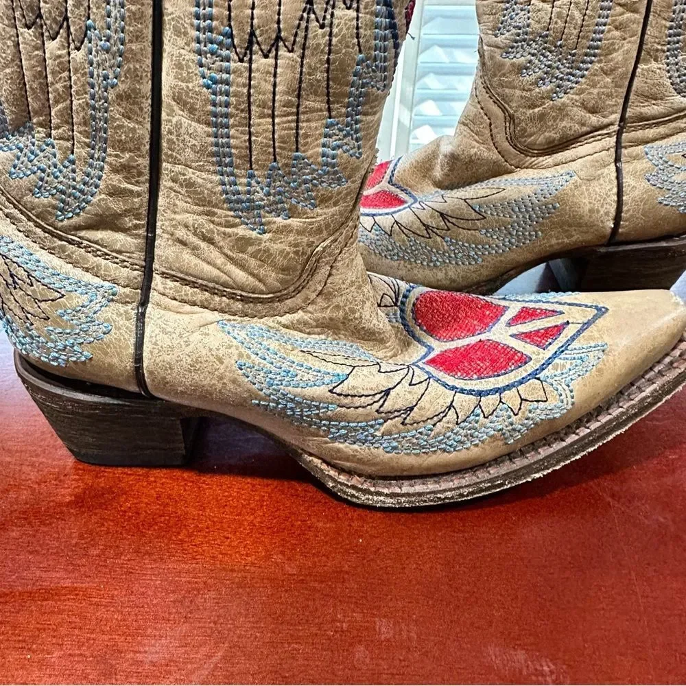 Corral Tan Leather Kids Cowboy Boots with Red Heart and Blue Wing Embroidery